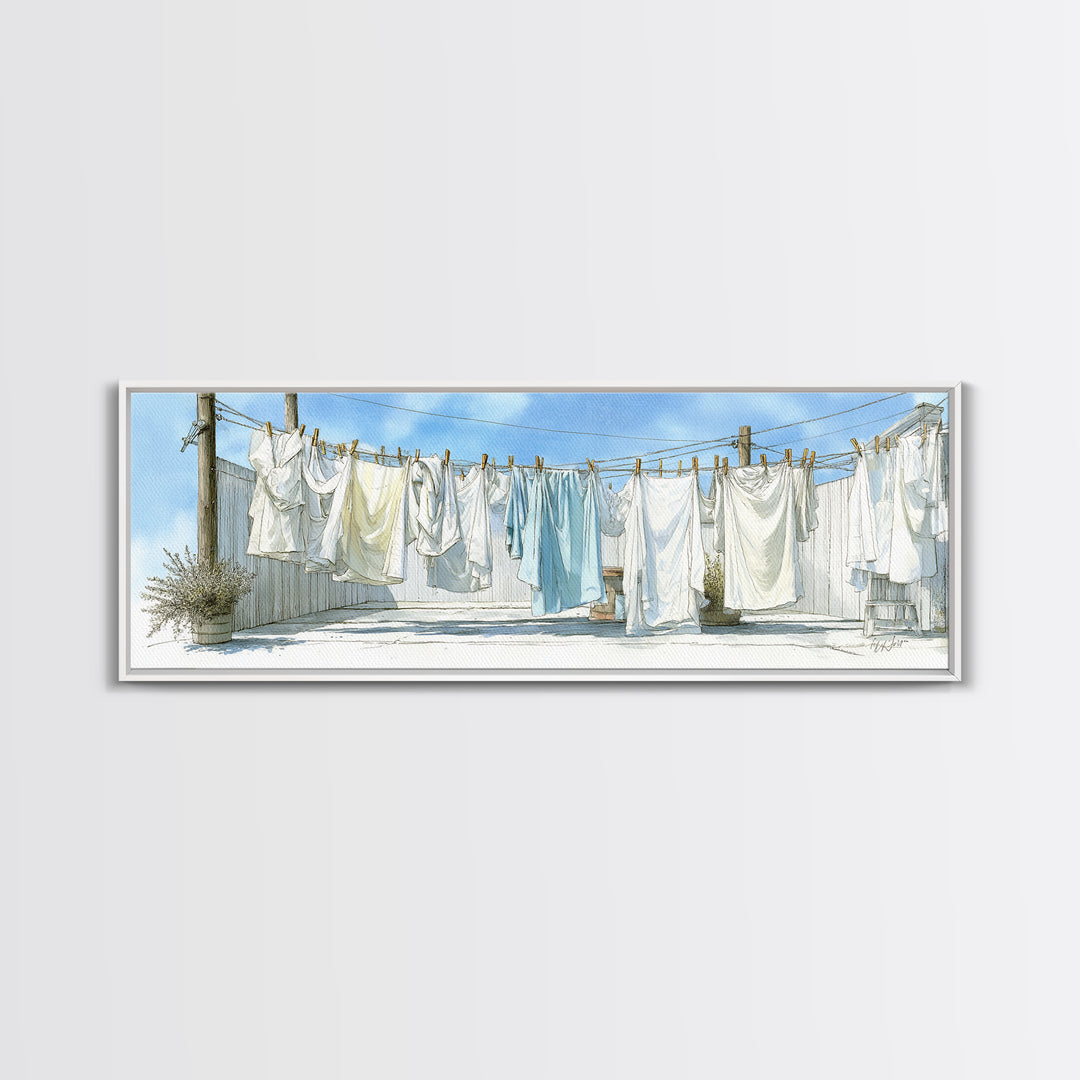 Simple Line Drawing of Hanging Laundry Framed Canvas Print, Laundry Room Art, Textured Painting, Living Room Decor, Clean, LRA-3x1-56