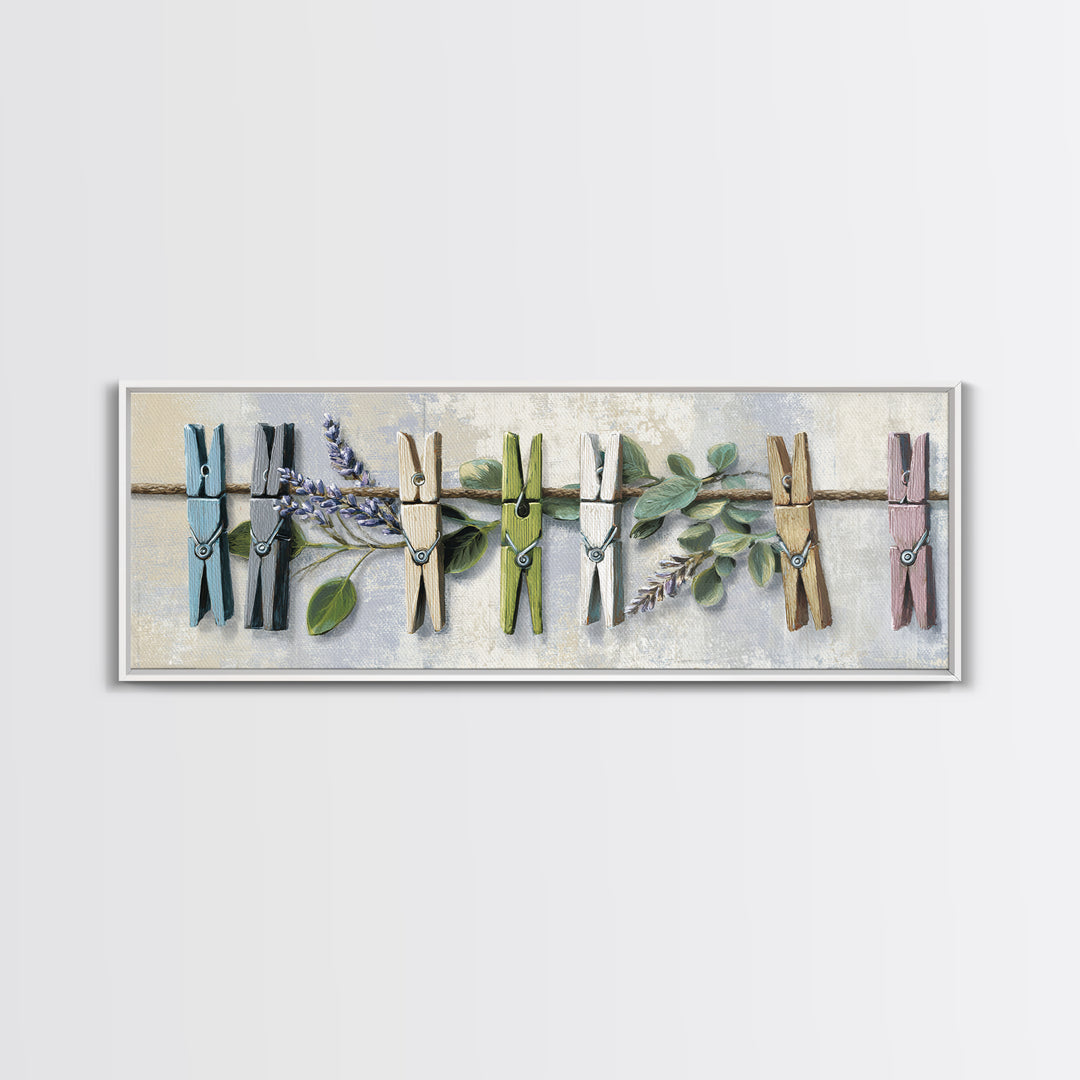 Clothespin Bouquet in Folk Art Style Framed Canvas Print, Laundry Room Art, Boho Decor, Living Room Decor, Fine Art, Clean, LRA-3x1-60