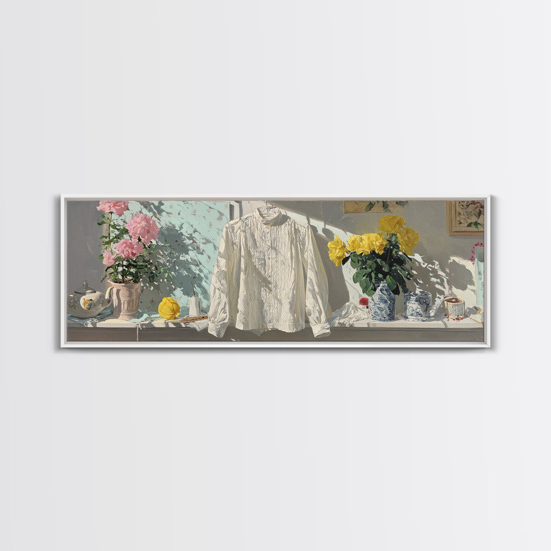 White Shirt on Hanger Canvas Print, Laundry Room Art, Whimsical Art, Living Room Decor, Watercolor Art, Clean, LRA-3x1-61