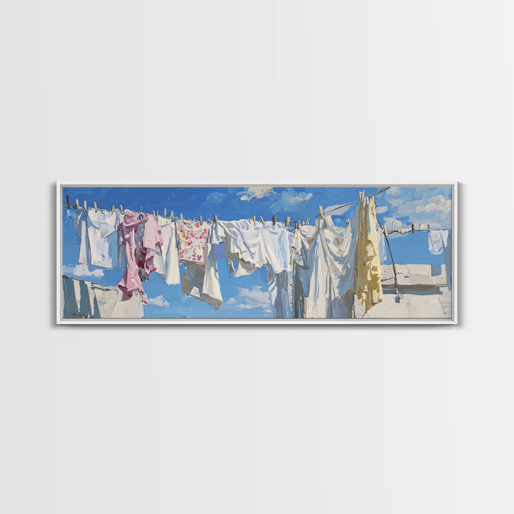 Clothesline with White Linens Blowing in Sunshine Canvas Print, Laundry Room Art, Downloadable Art, Living Room Decor, Clean, LRA-3x1-65
