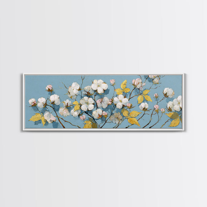 Fresh Cotton Branch Botanical Study Canvas Print, Laundry Room Art, New Home Gift, Living Room Decor, Oil Painting, Clean, LRA-3x1-71