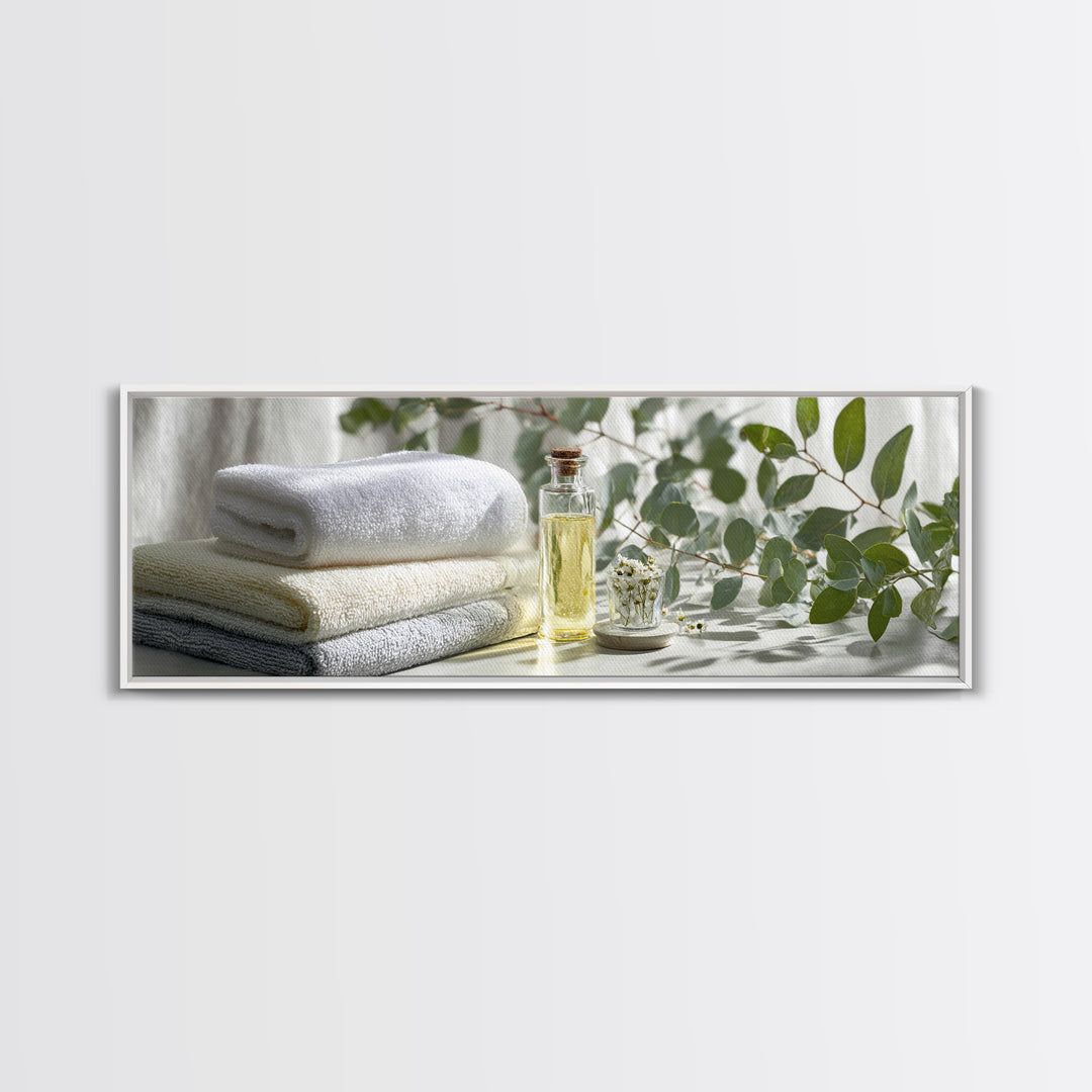 Sunlit White Towels and Eucalyptus Branch Canvas Print, Laundry Room Art, Printable Art, Living Room Decor, Watercolor Art, LRA-3x1-75