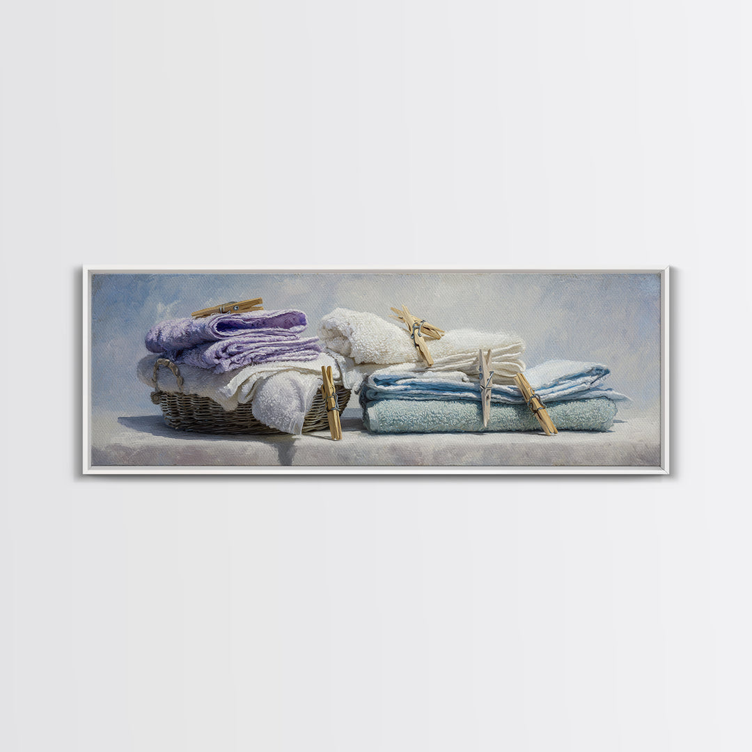 Basket of Folded Towels Canvas Print, Laundry Room Art, Painting, Living Room Decor, Fine Art, Clean, Wall Art Print, LRA-3x1-78