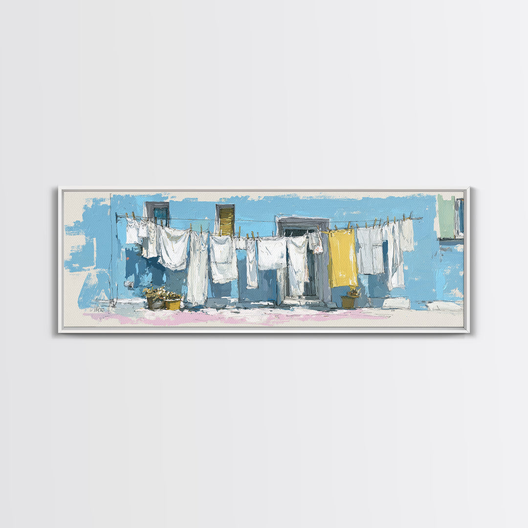 Simple Line Drawing of Hanging Laundry Canvas Print, Laundry Room Art, Painting, Living Room Decor, Abstract Art, Clean, LRA-3x1-80
