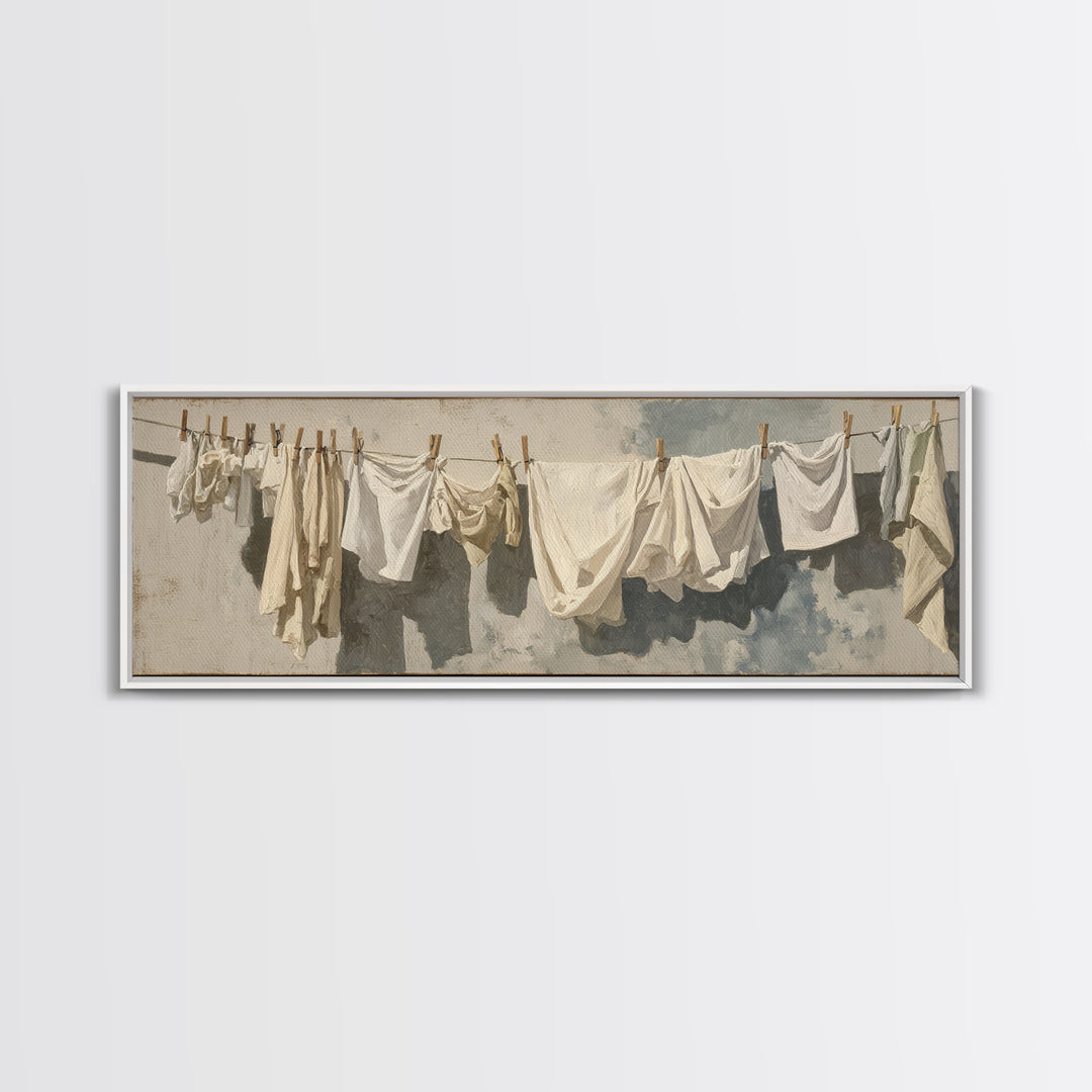 Clothesline with White Linens Blowing in Sunshine Canvas Print, Laundry Room Art, Digital Art Print, Living Room Decor, Clean, LRA-3x1-89