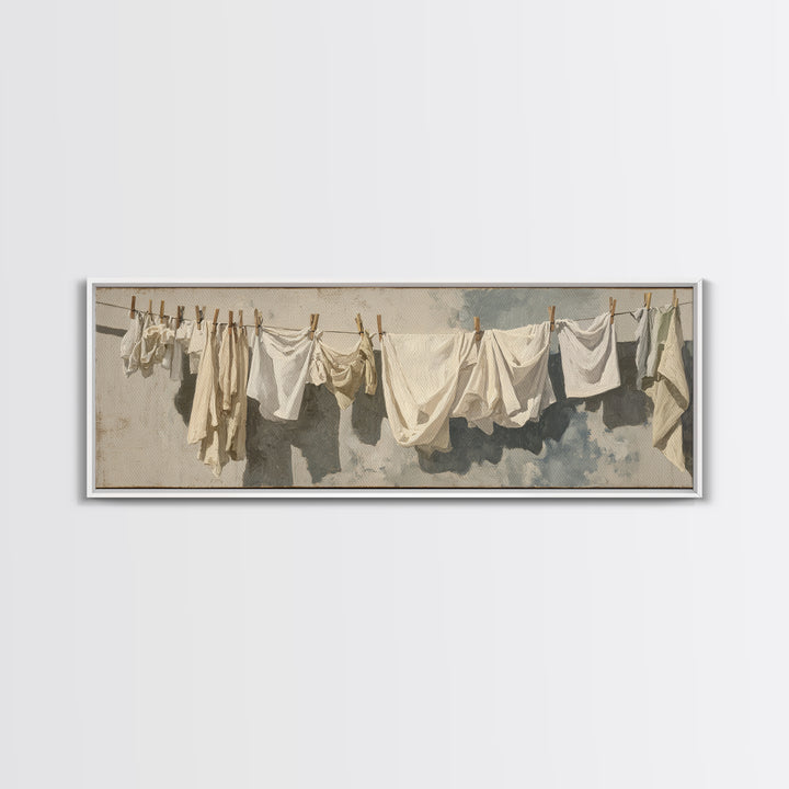 Clothesline with White Linens Blowing in Sunshine Canvas Print, Laundry Room Art, Digital Art Print, Living Room Decor, Clean, LRA-3x1-89
