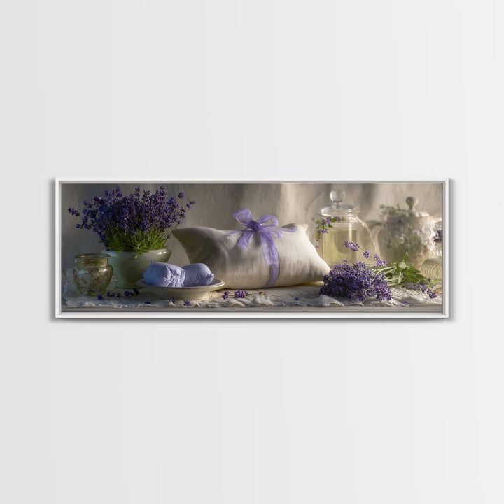 Lavender Sachet and Ribbon Still Life Framed Canvas Print, Laundry Room Art, Printable Art, Living Room Decor, Fine Art, Clean, LRA-3x1-9