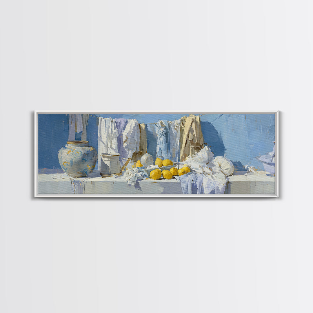 Lemon and Clean Linen Still Life Canvas Print, Laundry Room Art, Room Decor, Living Room Decor, Abstract Art, Clean, LRA-3x1-91