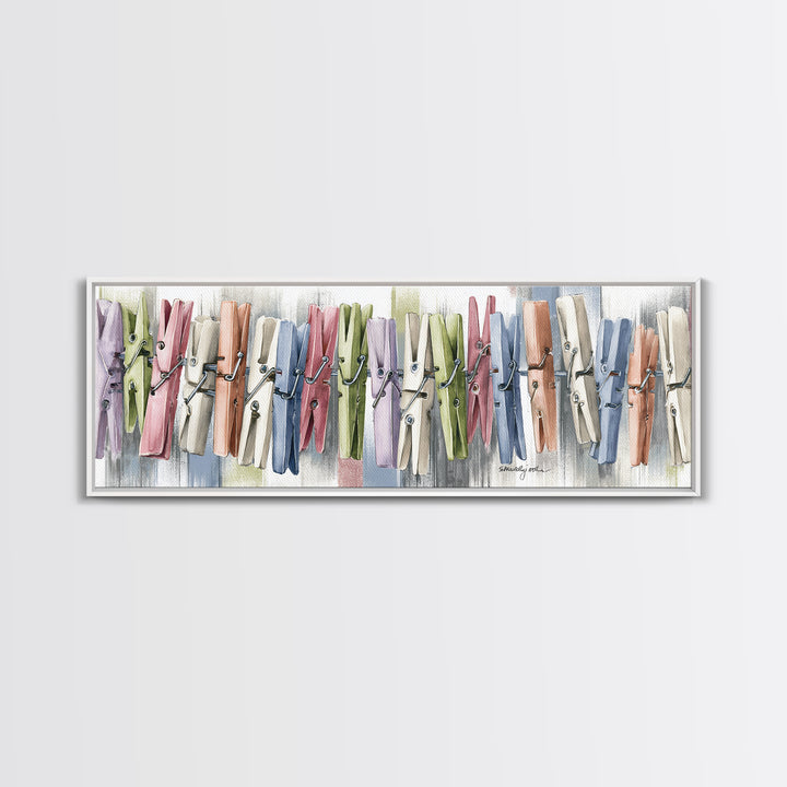 Cheerful Clothespins Arranged as Pattern Canvas Print, Laundry Room Art, Oil Painting, Living Room Decor, Clean, LRA-3x1-92