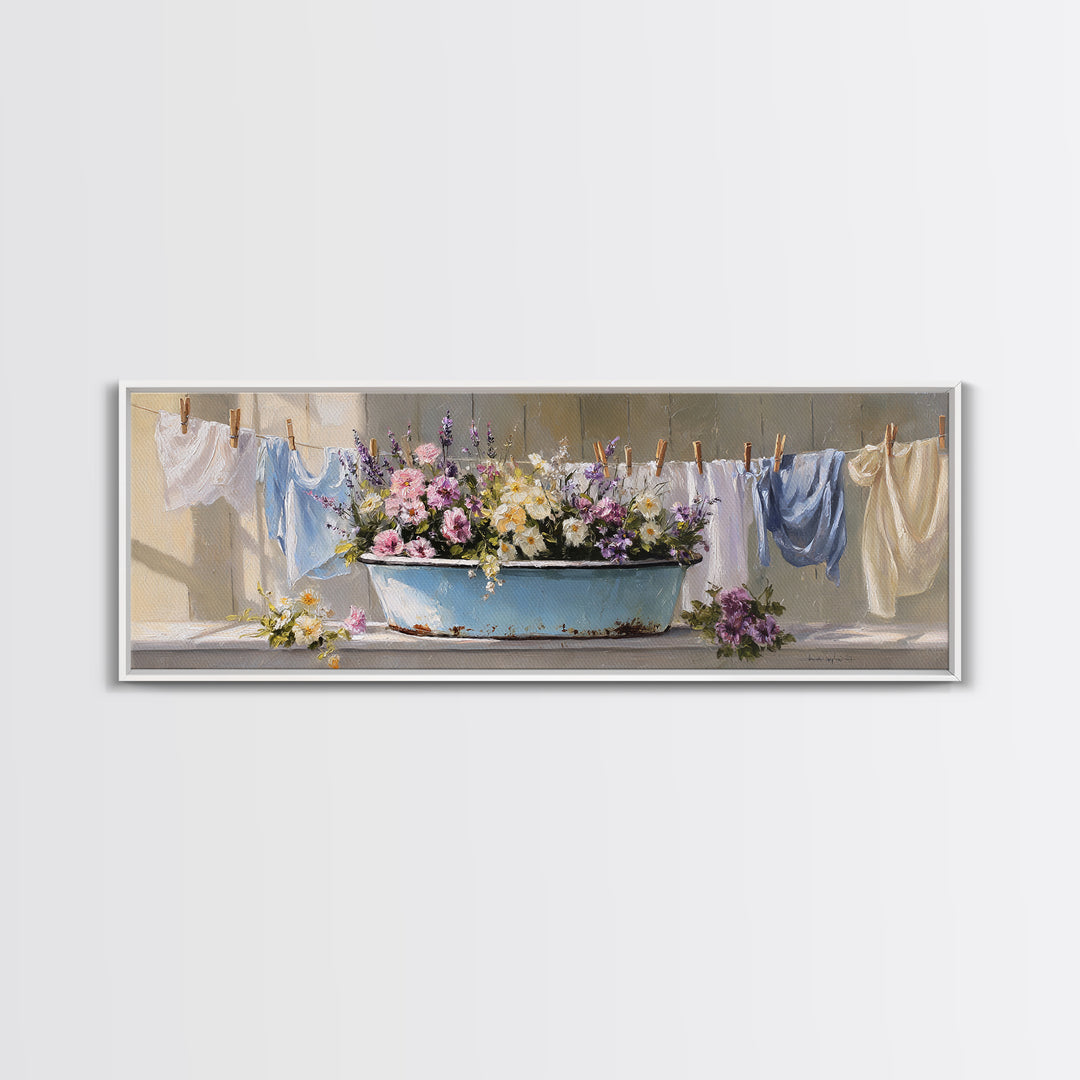 Old Enamel Basin Filled Canvas Print, Laundry Room Art, Neutral Decor, Living Room Decor, Fine Art, Clean, Home Decor, LRA-3x1-96