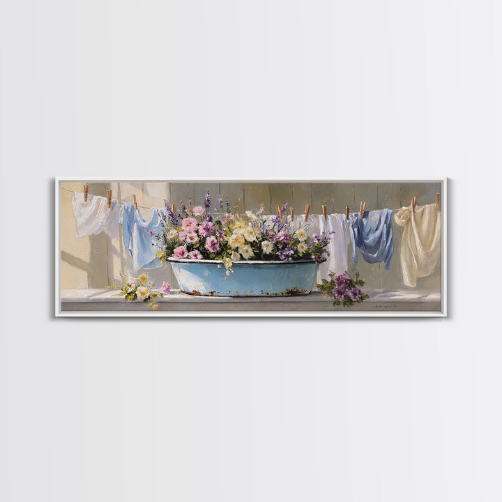 Old Enamel Basin Filled Canvas Print, Laundry Room Art, Neutral Decor, Living Room Decor, Fine Art, Clean, Home Decor, LRA-3x1-96