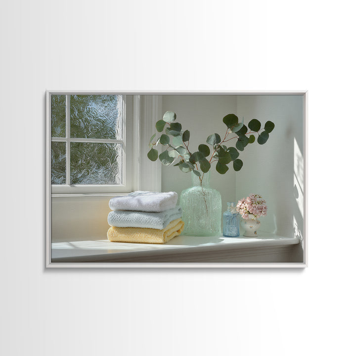 Sunlit White Towels and Eucalyptus Branch Framed Canvas Print, Laundry Room Art, New Home Gift, Living Room Decor, LRA-3x2-15