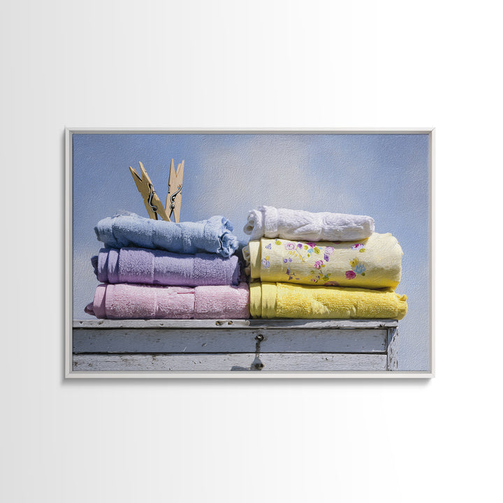 Basket of Folded Towels Framed Canvas Print, Laundry Room Art, Digital Print, Living Room Decor, Clean, Custom Wall Art, LRA-3x2-18