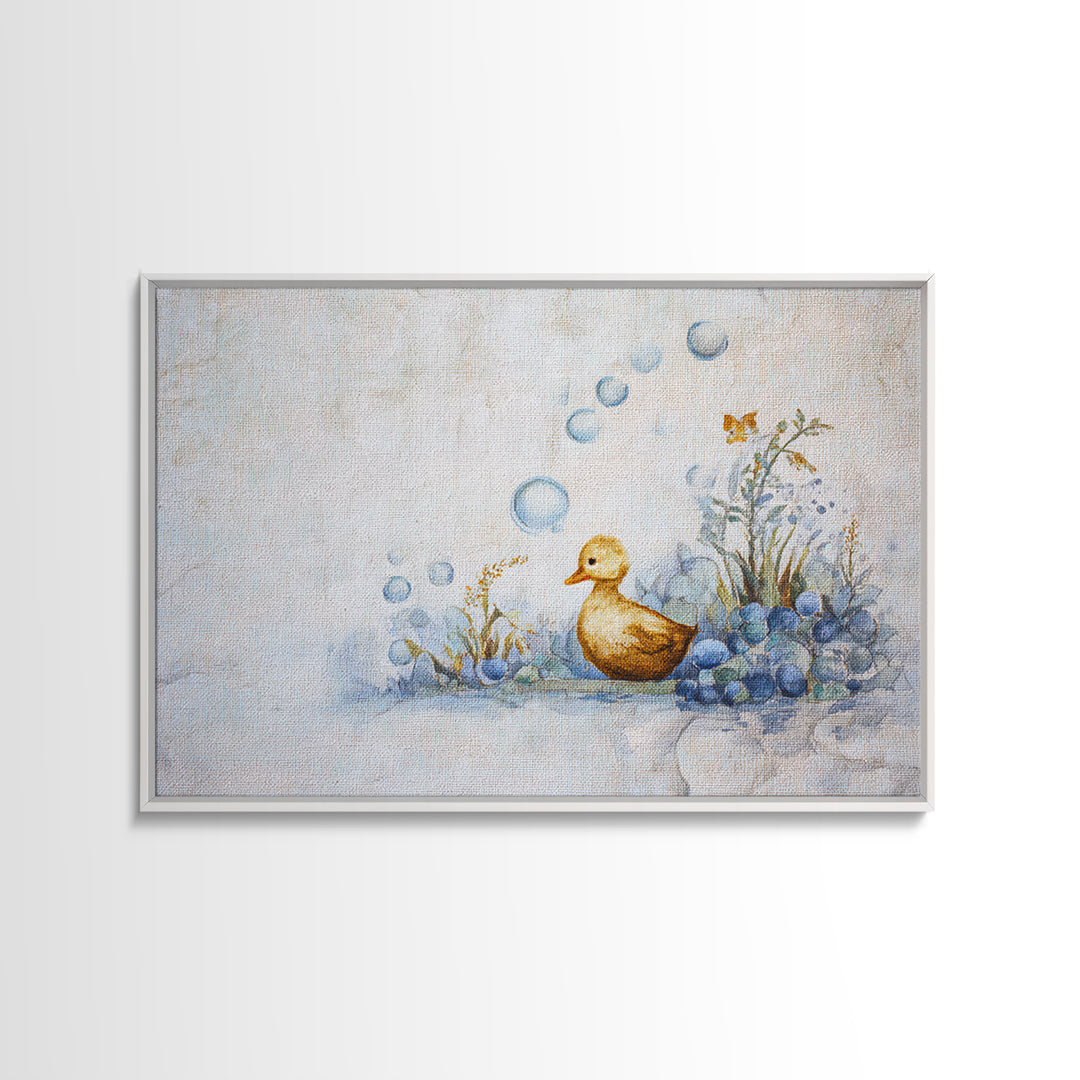 Duck and Bubbles Whimsical Watercolor Framed Canvas Print, Laundry Room Art, Downloadable Art, Living Room Decor, Clean, LRA-3x2-19