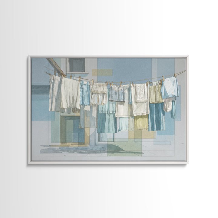 Simple Line Drawing of Hanging Laundry Framed Canvas Print, Laundry Room Art, Wall Art Print, Living Room Decor, Abstract Art, LRA-3x2-20