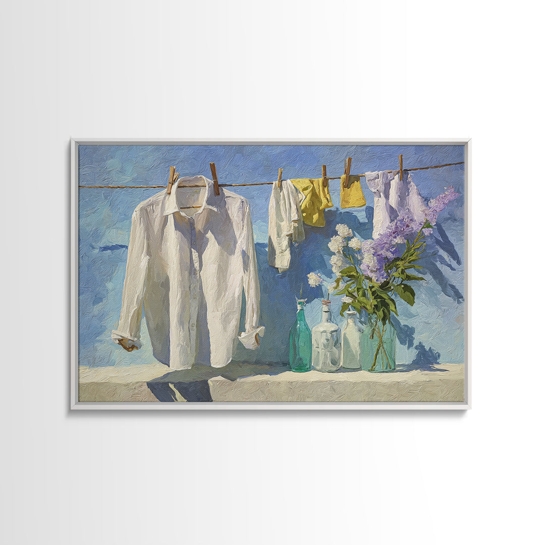 White Shirt on Hanger Framed Canvas Print, Laundry Room Art, Laundry Room Decor, Living Room Decor, Clean, Gallery Decor, LRA-3x2-25