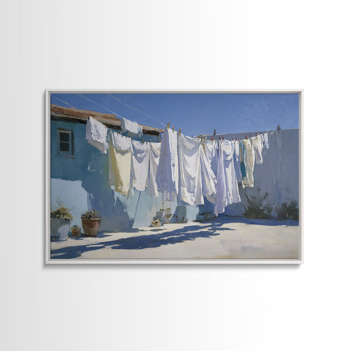 Clothesline with White Linens Blowing in Sunshine Canvas Print, Laundry Room Art, Gallery Wall Prints, Living Room Decor, Clean, LRA-3x2-29
