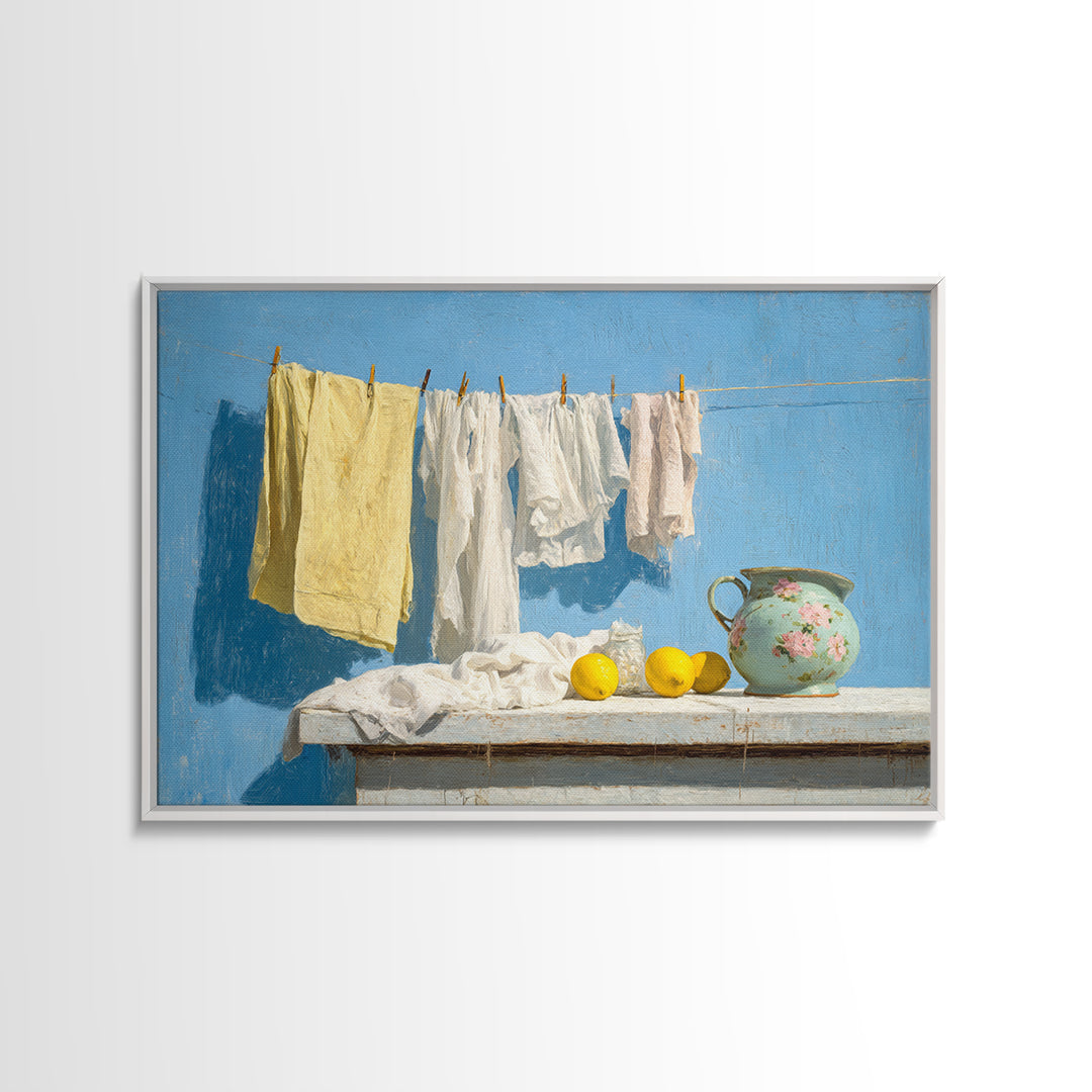 Lemon and Clean Linen Still Life Framed Canvas Print, Laundry Room Art, Living Room Decor, Abstract Art, Clean, LRA-3x2-31