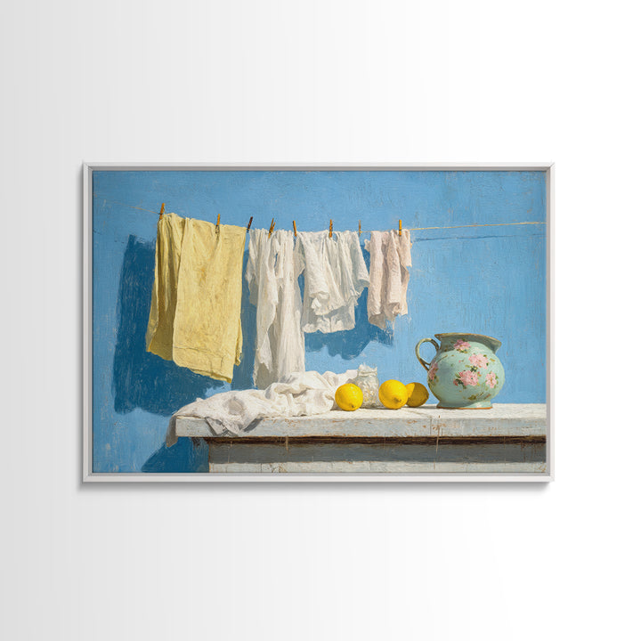 Lemon and Clean Linen Still Life Framed Canvas Print, Laundry Room Art, Living Room Decor, Abstract Art, Clean, LRA-3x2-31