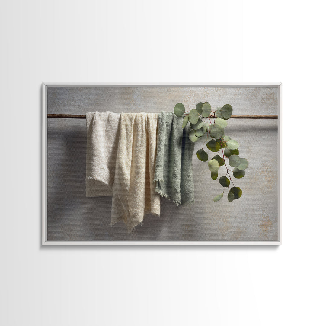 Sunlit White Towels and Eucalyptus Branch Framed Canvas Print, Laundry Room Art, Neutral Decor, Living Room Decor, LRA-3x2-39