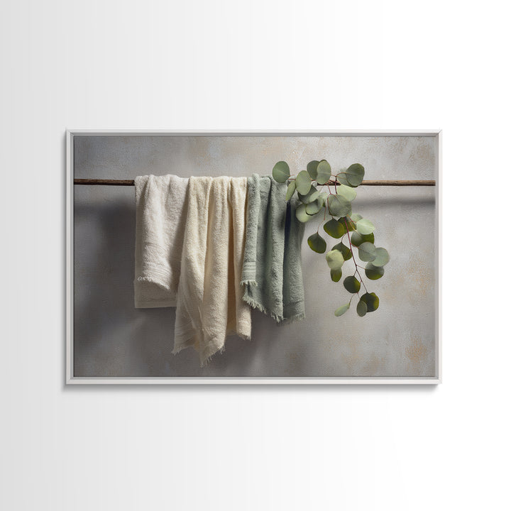 Sunlit White Towels and Eucalyptus Branch Framed Canvas Print, Laundry Room Art, Neutral Decor, Living Room Decor, LRA-3x2-39