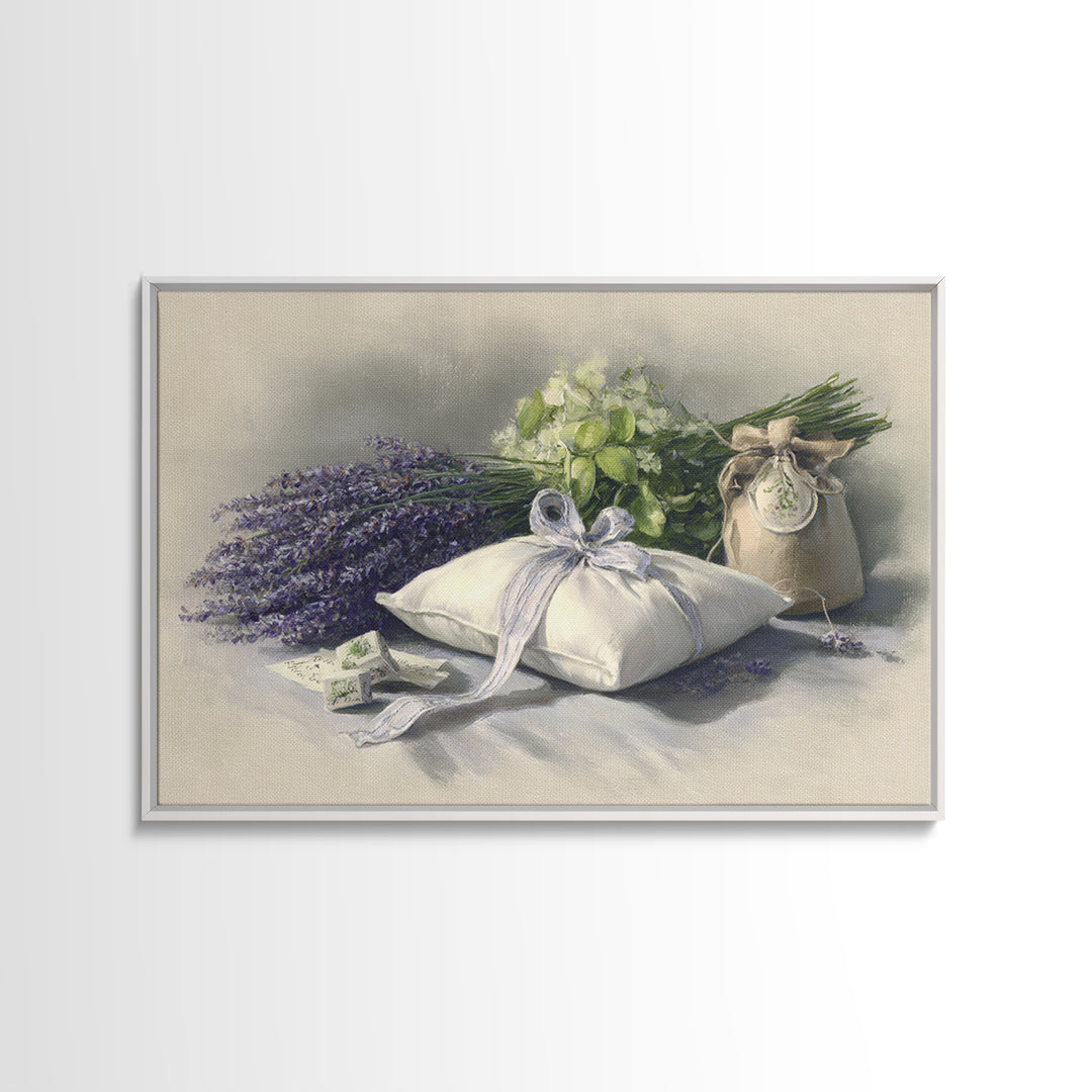 Lavender Sachet and Ribbon Still Life Framed Canvas Print, Laundry Room Art, Downloadable Art, Living Room Decor, Clean, LRA-3x2-45