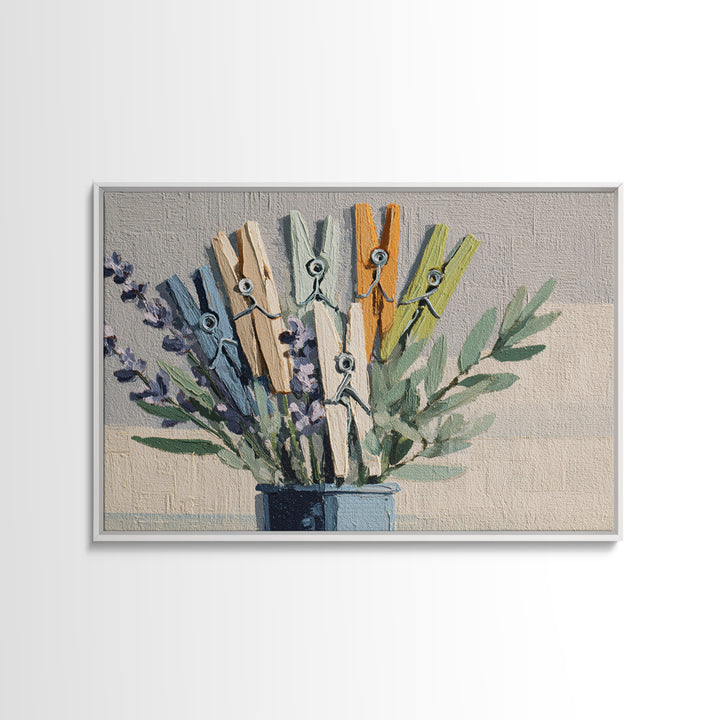 Clothespin Bouquet in Folk Art Style Canvas Print, Laundry Room Art, Farmhouse Wall Art, Living Room Decor, Fine Art, Clean, LRA-3x2-48