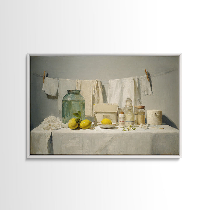Lemon and Clean Linen Still Life Framed Canvas Print, Laundry Room Art, Digital Art, Living Room Decor, Abstract Art, Clean, LRA-3x2-55