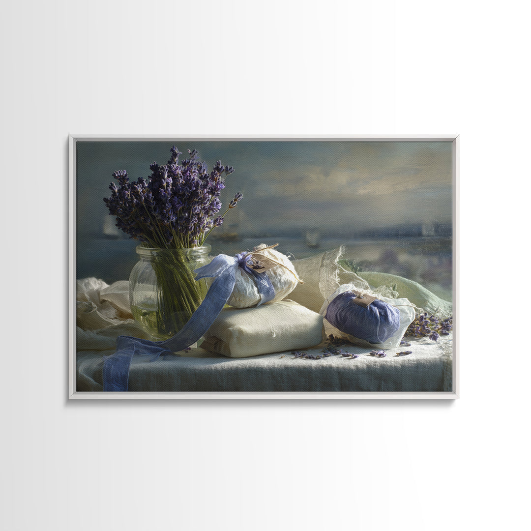 Lavender Sachet and Ribbon Still Life Framed Canvas Print, Laundry Room Art, Downloadable Art, Living Room Decor, Clean, LRA-3x2-69