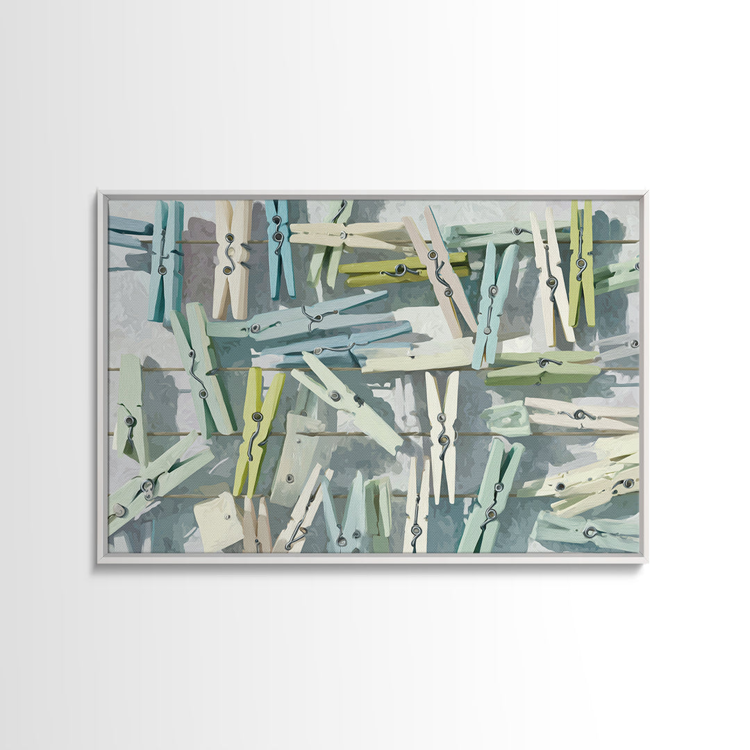 Cheerful Clothespins Arranged as Pattern Framed Canvas Print, Laundry Room Art, Farmhouse Decor, Living Room Decor, LRA-3x2-8