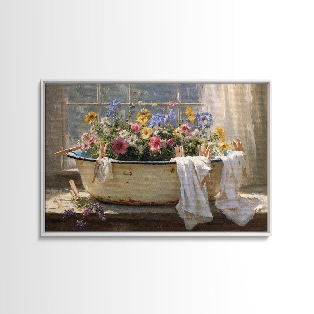 Old Enamel Basin Filled Canvas Print, Laundry Room Art, Boho Decor, Living Room Decor, Fine Art, Clean, Printable Wall Art, LRA-3x2-84