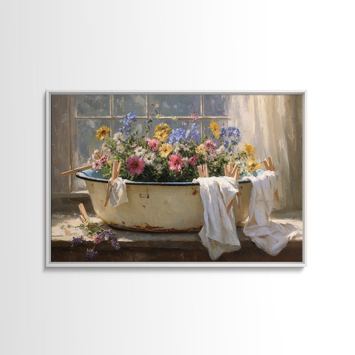 Old Enamel Basin Filled Canvas Print, Laundry Room Art, Boho Decor, Living Room Decor, Fine Art, Clean, Printable Wall Art, LRA-3x2-84