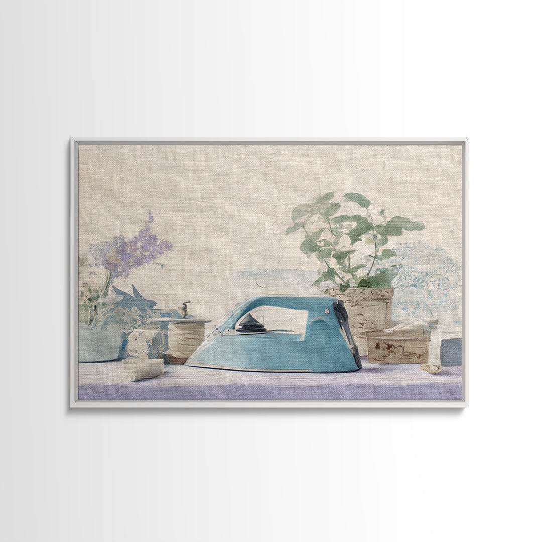 Retro Iron Illustration Framed Canvas Print, Laundry Room Art, Rustic Home Decor, Living Room Decor, Fine Art, Clean, LRA-3x2-85