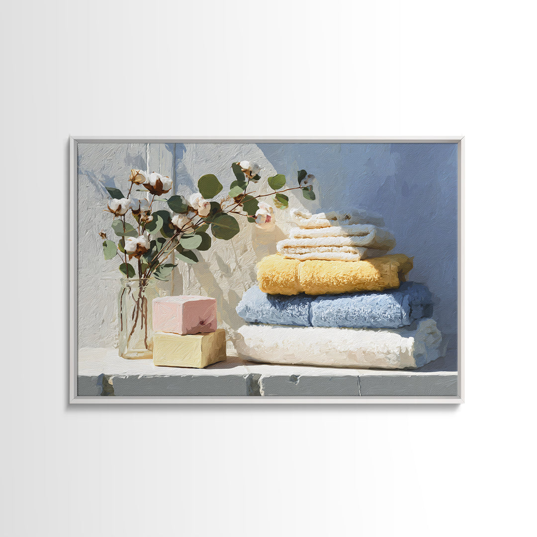 Sunlit White Towels and Eucalyptus Branch Framed Canvas Print, Laundry Room Art, Fine Art Print, Living Room Decor, Clean, LRA-3x2-87