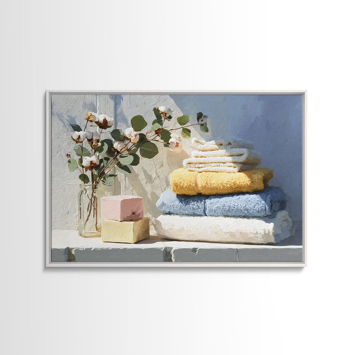 Sunlit White Towels and Eucalyptus Branch Framed Canvas Print, Laundry Room Art, Fine Art Print, Living Room Decor, Clean, LRA-3x2-87