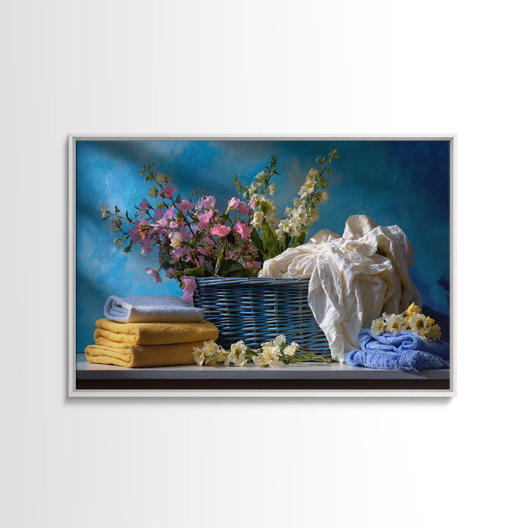 Blue Laundry Basket Framed Canvas Print, Laundry Room Art, Wall Art Print, Living Room Decor, Oil Painting, Clean, LRA-3x2-9