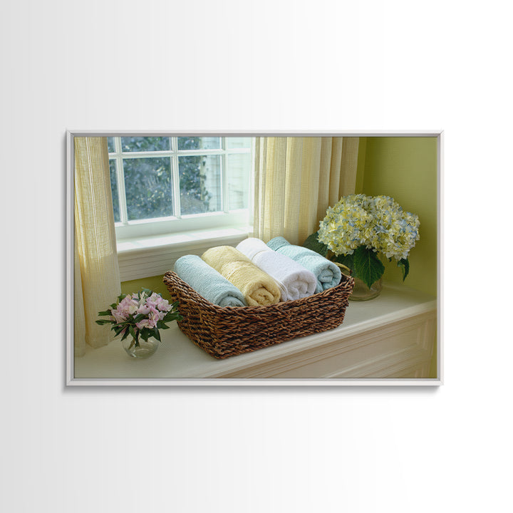 Basket of Folded Towels Framed Canvas Print, Laundry Room Art, Minimalist Wall Art, Living Room Decor, Fine Art, Clean, LRA-3x2-90