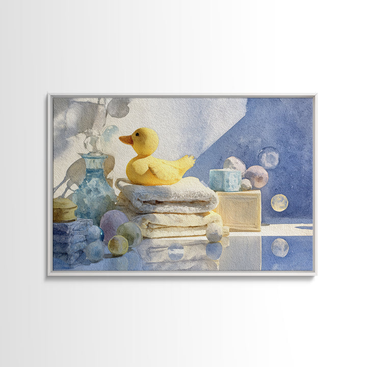 Duck and Bubbles Whimsical Watercolor Framed Canvas Print, Laundry Room Art, Painting, Living Room Decor, Oil Painting, Clean, LRA-3x2-91