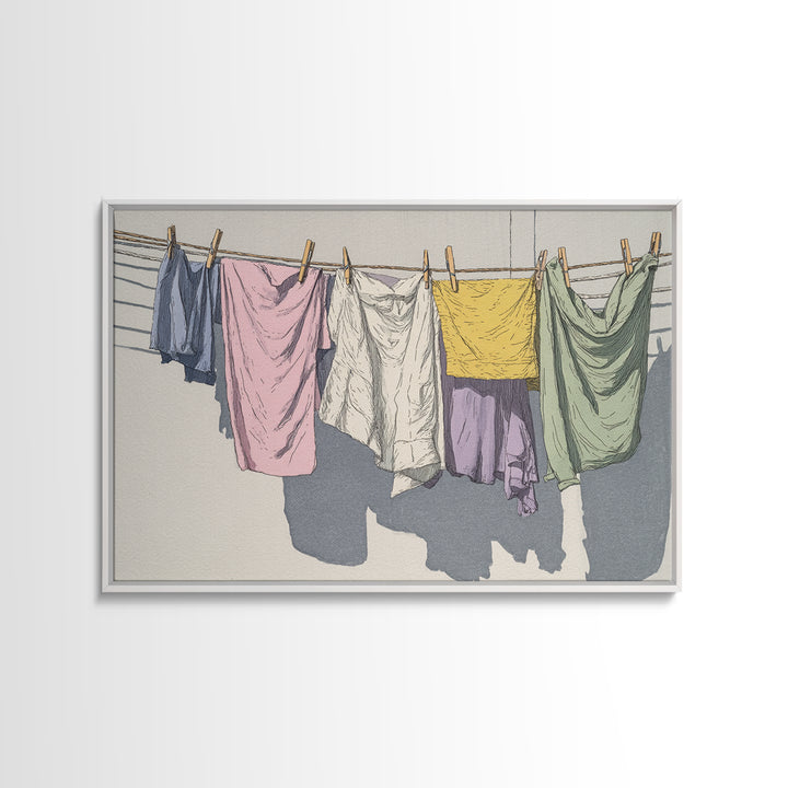 Simple Line Drawing of Hanging Laundry Framed Canvas Print, Laundry Room Art, Luxury Decor, Living Room Decor, Abstract Art, LRA-3x2-92