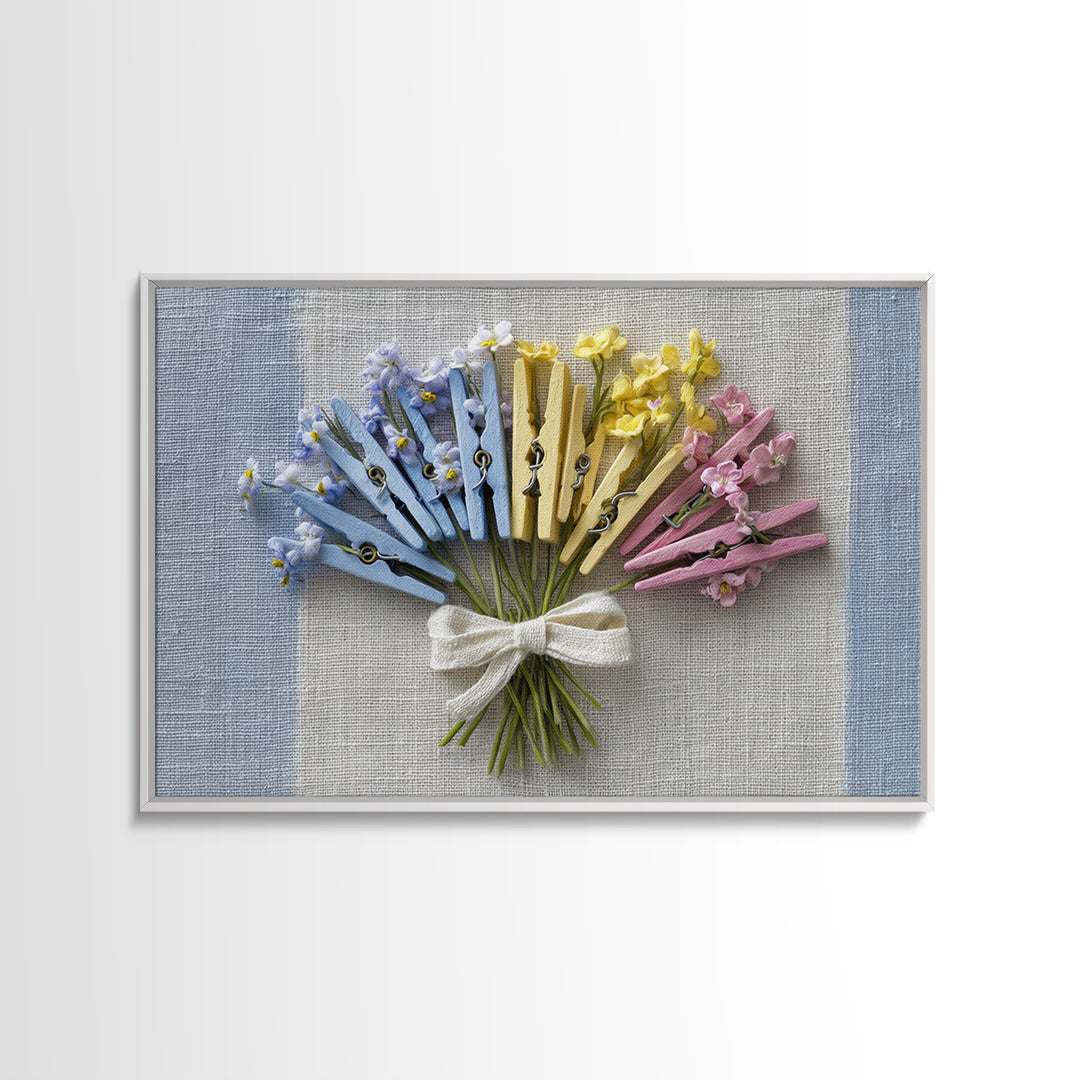 Clothespin Bouquet in Folk Art Style Framed Canvas Print, Laundry Room Art, Art Print, Living Room Decor, Fine Art, Clean, LRA-3x2-96