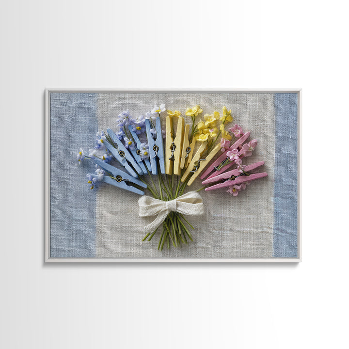 Clothespin Bouquet in Folk Art Style Framed Canvas Print, Laundry Room Art, Art Print, Living Room Decor, Fine Art, Clean, LRA-3x2-96