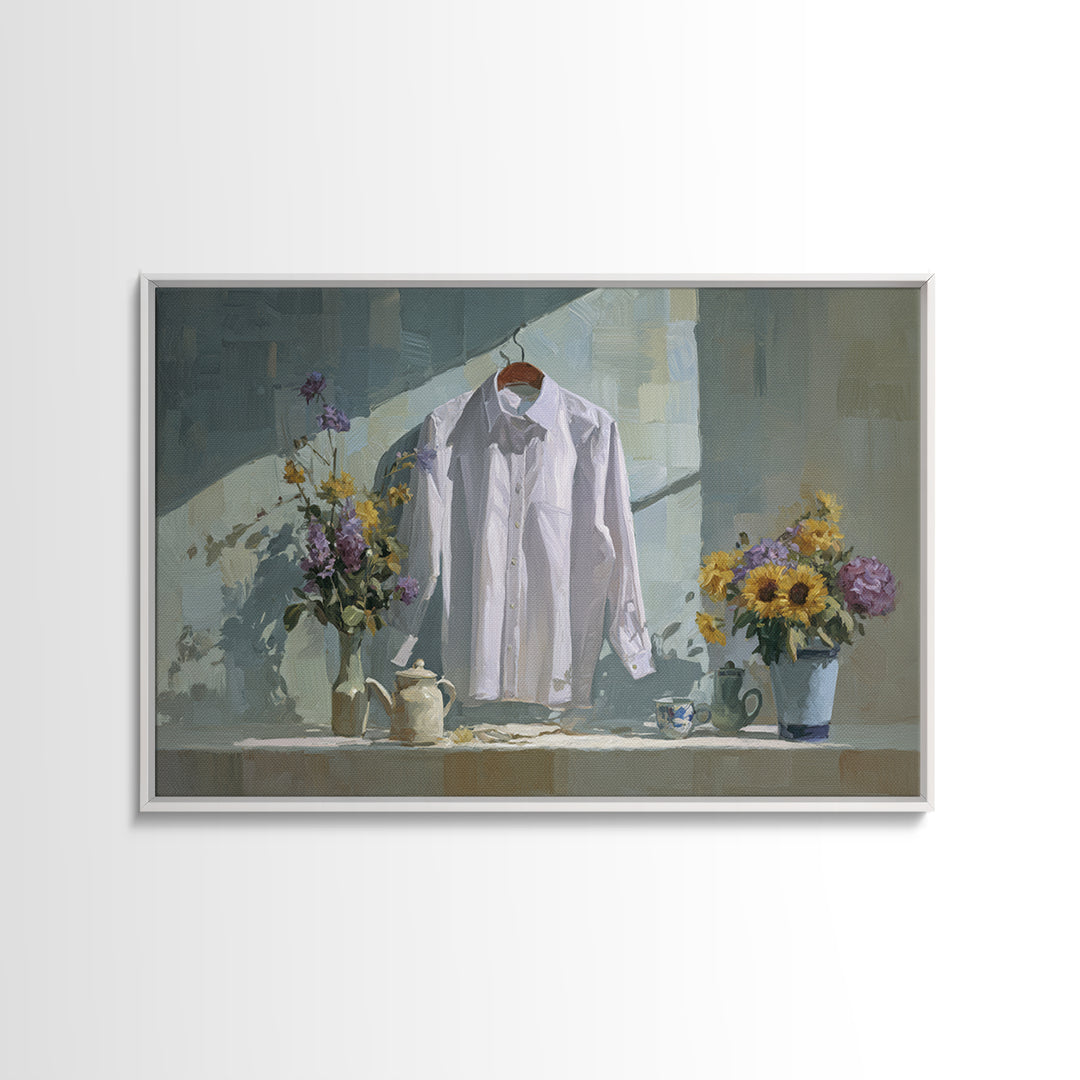 White Shirt on Hanger Framed Canvas Print, Laundry Room Art, Funny Poster, Living Room Decor, Watercolor Art, Clean, LRA-3x2-97