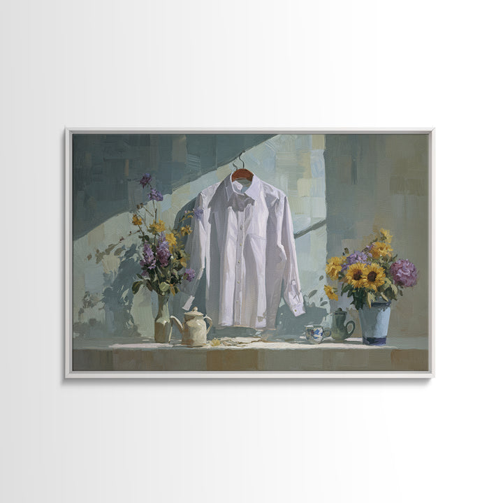 White Shirt on Hanger Framed Canvas Print, Laundry Room Art, Funny Poster, Living Room Decor, Watercolor Art, Clean, LRA-3x2-97
