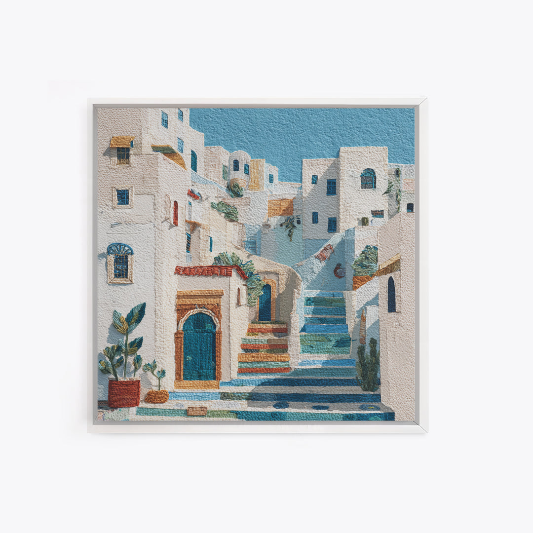 Greek Island White Buildings Above Blue Sea Framed Canvas Print, Mediterranean Art, Beach Wall Art, Living Room Decor, Azure, MAR-1x1-1