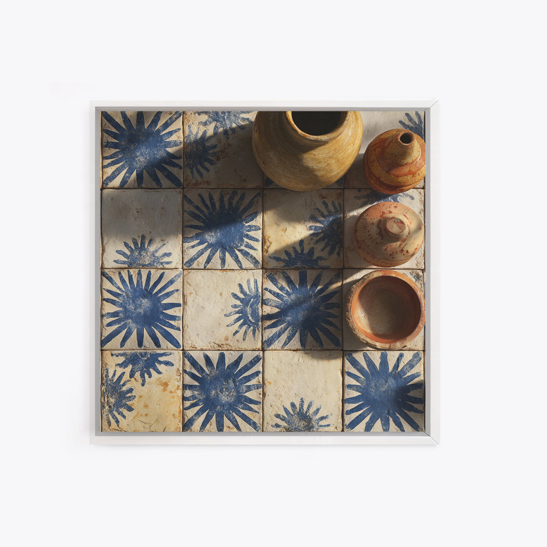 Blue and White Tile Pattern Framed Canvas Print, Mediterranean Art, Travel Poster, Living Room Decor, Watercolor Art, Azure, MAR-1x1-100