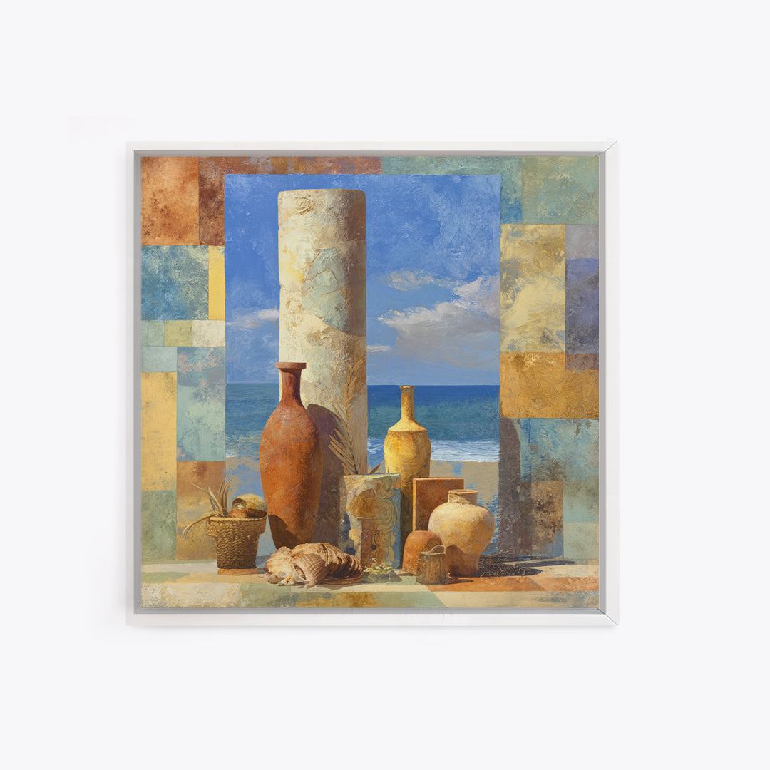 Ancient Column with Sea and Sky Beyond Framed Canvas Print, Mediterranean Art, Oil Painting, Living Room Decor, Fine Art, Azure, MAR-1x1-12