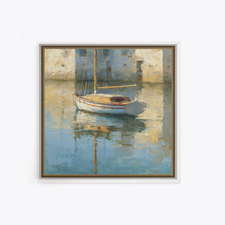 Mediterranean Sailboat on Glassy Water Canvas Print, Mediterranean Art, Watercolor Painting, Living Room Decor, Fine Art, Azure, MAR-1x1-18
