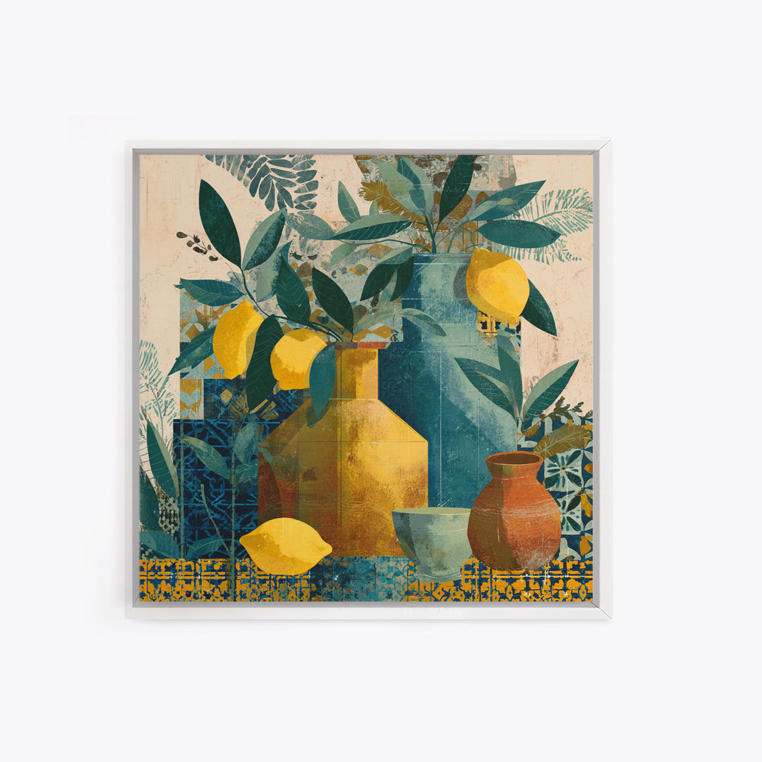 Olive Branch and Lemons on Terracotta Ground Canvas Print, Mediterranean Art, Minimalist Wall Art, Living Room Decor, Azure, MAR-1x1-26
