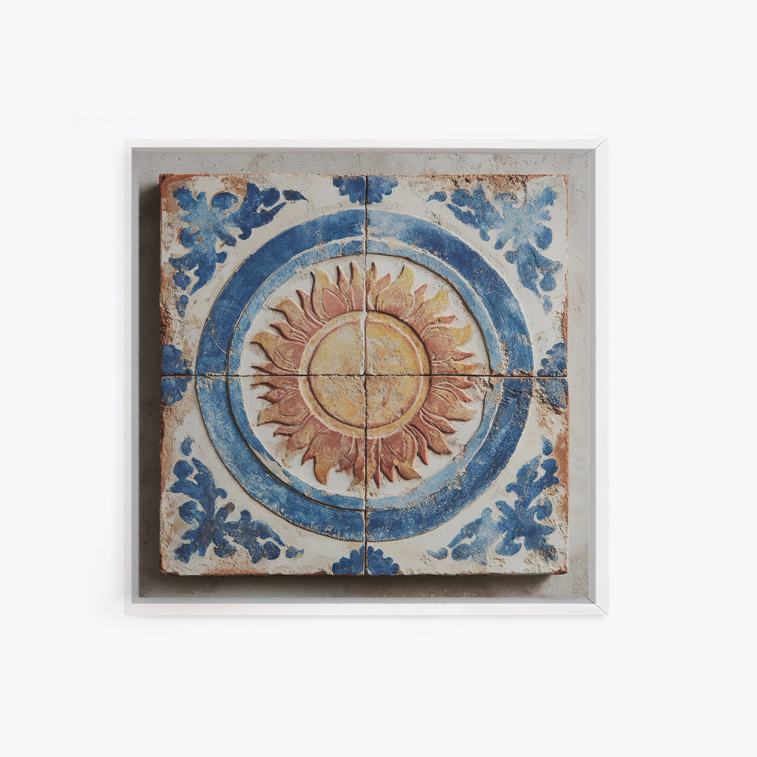 Blue and White Tile Pattern Framed Canvas Print, Mediterranean Art, Digital Print, Living Room Decor, Oil Painting, Azure, MAR-1x1-28