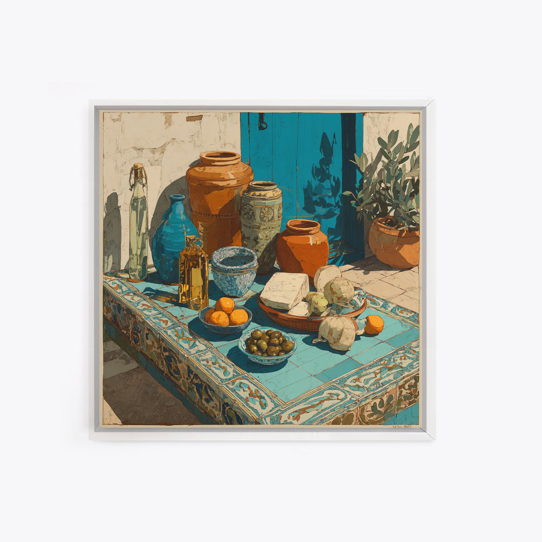 Figs Olives and Cheese Still Life Framed Canvas Print, Mediterranean Art, Gallery Decor, Living Room Decor, Fine Art, Azure, MAR-1x1-32